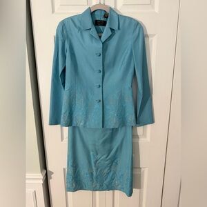 Vintage Dana Buchman Shantung Silk Teal Skirt Set with Embroidered Details 2P
